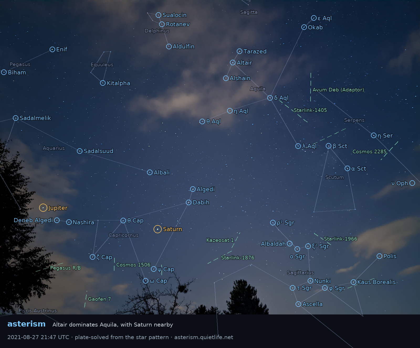 Summer triangle featuring Jupiter and Saturn